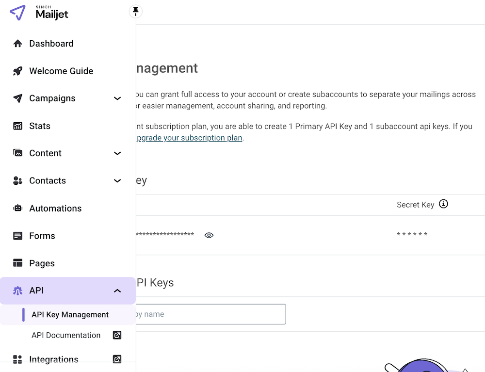 Mailjet API dashboard