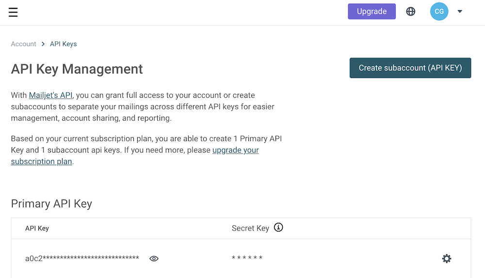 Mailjet API key creation